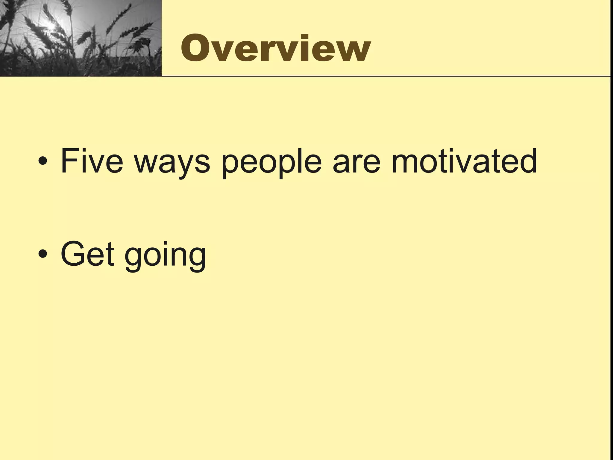 Overview Five ways people are motivated Get going 