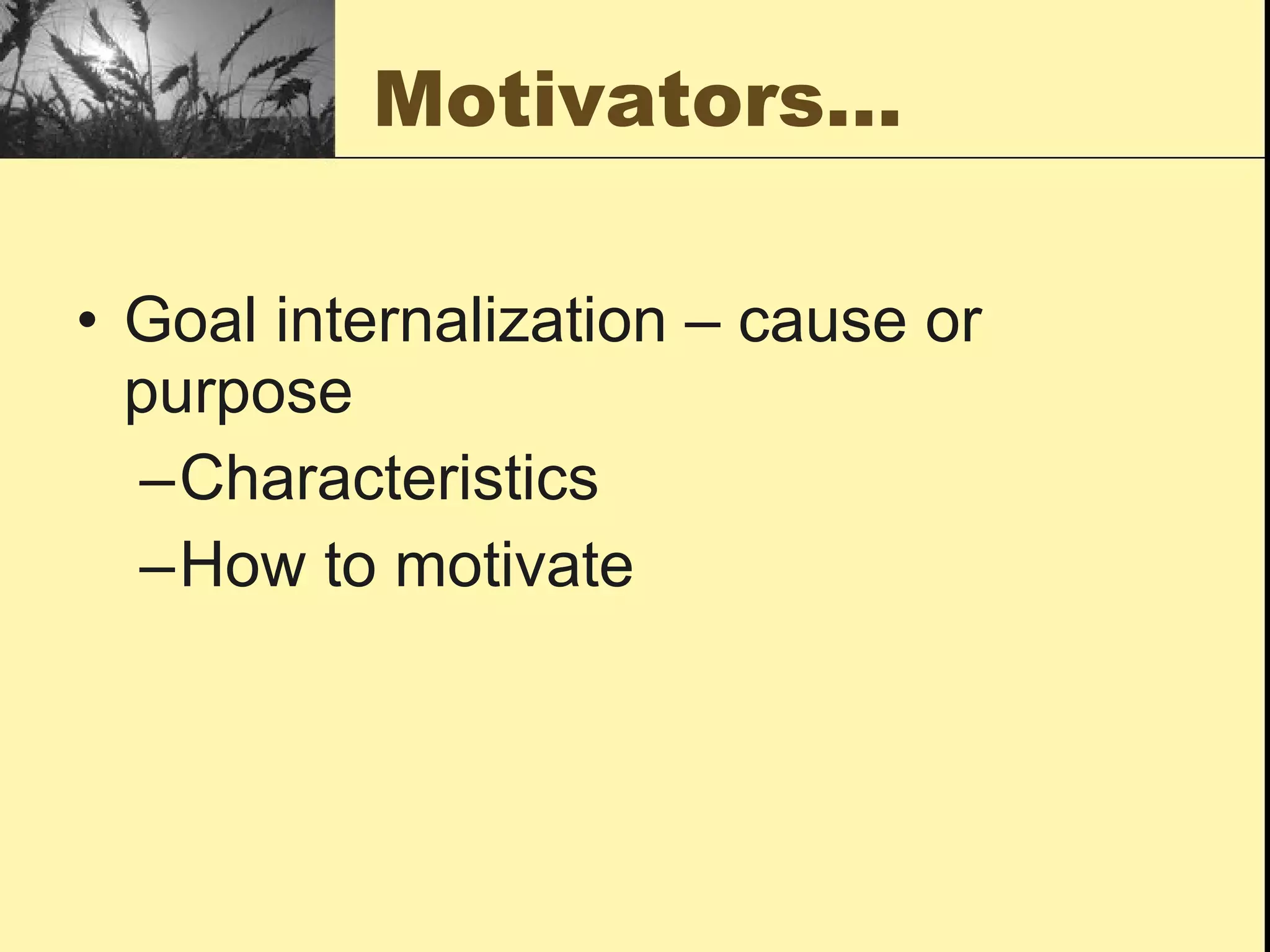 Motivators… Goal internalization – cause or purpose Characteristics  How to motivate 