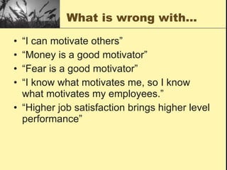 What is wrong with… “I can motivate others” “Money is a good motivator” “Fear is a good motivator” “I know what motivates me, so I know what motivates my employees.” “Higher job satisfaction brings higher level performance” 