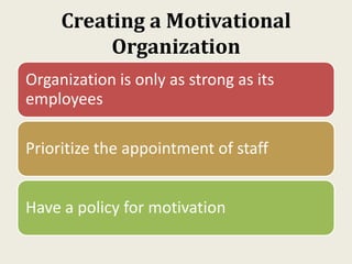 Creating a Motivational
Organization
Organization is only as strong as its
employees
Prioritize the appointment of staff
Have a policy for motivation
 