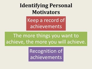 Identifying Personal
Motivators
Keep a record of
achievements
The more things you want to
achieve, the more you will achieve.
Recognition of
achievements
 