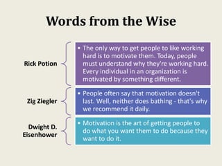 Words from the Wise
Rick Potion
• The only way to get people to like working
hard is to motivate them. Today, people
must understand why they're working hard.
Every individual in an organization is
motivated by something different.
Zig Ziegler
• People often say that motivation doesn't
last. Well, neither does bathing - that's why
we recommend it daily.
Dwight D.
Eisenhower
• Motivation is the art of getting people to
do what you want them to do because they
want to do it.
 