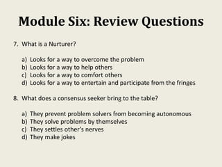 Module Six: Review Questions
7. What is a Nurturer?
a) Looks for a way to overcome the problem
b) Looks for a way to help others
c) Looks for a way to comfort others
d) Looks for a way to entertain and participate from the fringes
8. What does a consensus seeker bring to the table?
a) They prevent problem solvers from becoming autonomous
b) They solve problems by themselves
c) They settles other’s nerves
d) They make jokes
 