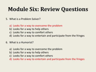 Module Six: Review Questions
5. What is a Problem Solver?
a) Looks for a way to overcome the problem
b) Looks for a way to help others
c) Looks for a way to comfort others
d) Looks for a way to entertain and participate from the fringes
6. What is a Humorist?
a) Looks for a way to overcome the problem
b) Looks for a way to help others
c) Looks for a way to comfort others
d) Looks for a way to entertain and participate from the fringes
 
