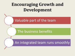 Encouraging Growth and
Development
Valuable part of the team
The business benefits
An integrated team runs smoothly
 
