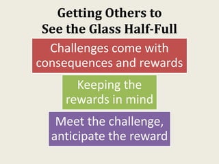 Getting Others to
See the Glass Half-Full
Challenges come with
consequences and rewards
Keeping the
rewards in mind
Meet the challenge,
anticipate the reward
 