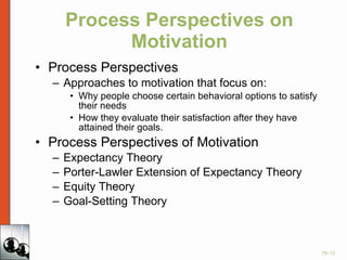 Process Perspectives on Motivation Process Perspectives Approaches to motivation that focus on: Why people choose certain behavioral options to satisfy their needs How they evaluate their satisfaction after they have attained their goals. Process Perspectives of Motivation Expectancy Theory Porter-Lawler Extension of Expectancy Theory Equity Theory Goal-Setting Theory 