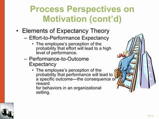 Process Perspectives on Motivation (cont’d) Elements of Expectancy Theory Effort-to-Performance Expectancy The employee’s perception of the probability that effort will lead to a high level of performance. Performance-to-Outcome Expectancy The employee’s perception of the probability that performance will lead to a specific outcome—the consequence or reward  for behaviors in an organizational setting. 