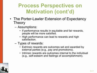 Process Perspectives on Motivation (cont’d) The Porter-Lawler Extension of Expectancy Theory Assumptions: If performance results in equitable and fair rewards, people will be more satisfied. High performance can lead to rewards and high satisfaction. Types of rewards: Extrinsic rewards are outcomes set and awarded by external parties (e.g., pay and promotions). Intrinsic rewards are outcomes internal to the individual (e.g., self-esteem and feelings of accomplishment). 