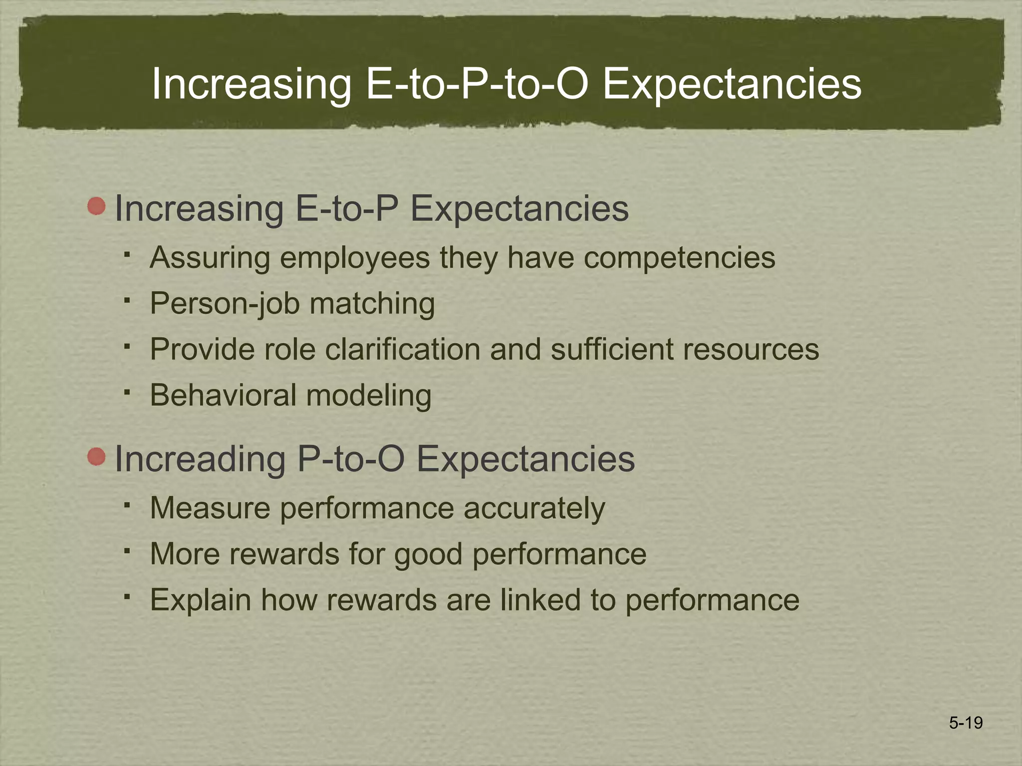 5-19
Increasing E-to-P-to-O Expectancies
Increasing E-to-P Expectancies
 Assuring employees they have competencies
 Person-job matching
 Provide role clarification and sufficient resources
 Behavioral modeling
Increading P-to-O Expectancies
 Measure performance accurately
 More rewards for good performance
 Explain how rewards are linked to performance
 