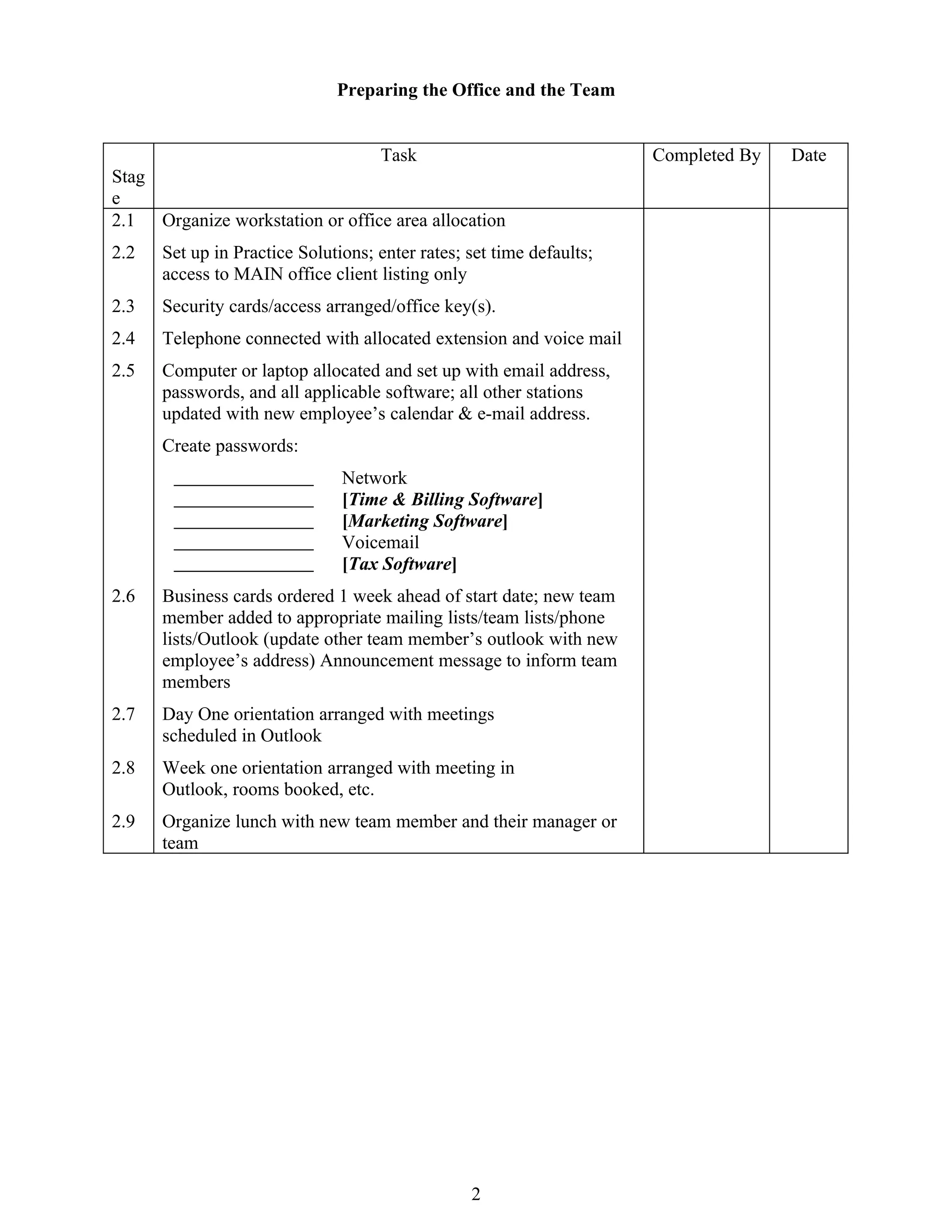 Preparing the Office and the Team


                                    Task                              Completed By   Date
Stag
e
2.1 Organize workstation or office area allocation
2.2   Set up in Practice Solutions; enter rates; set time defaults;
      access to MAIN office client listing only
2.3   Security cards/access arranged/office key(s).
2.4   Telephone connected with allocated extension and voice mail
2.5   Computer or laptop allocated and set up with email address,
      passwords, and all applicable software; all other stations
      updated with new employee’s calendar & e-mail address.
      Create passwords:
                               Network
                               [Time & Billing Software]
                               [Marketing Software]
                               Voicemail
                               [Tax Software]
2.6   Business cards ordered 1 week ahead of start date; new team
      member added to appropriate mailing lists/team lists/phone
      lists/Outlook (update other team member’s outlook with new
      employee’s address) Announcement message to inform team
      members
2.7   Day One orientation arranged with meetings
      scheduled in Outlook
2.8   Week one orientation arranged with meeting in
      Outlook, rooms booked, etc.
2.9   Organize lunch with new team member and their manager or
      team




                                                 2
 