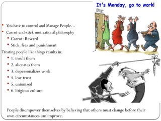  You have to control and Manage People…
 Carrot-and-stick motivational philosophy
 Carrot: Reward
 Stick: fear and punishment
Treating people like things results in:
 1. insult them
 2. alienates them
 3. depersonalizes work
 4. low trust
 5. unionized
 6. litigious culture
People disempower themselves by believing that others must change before their
own circumstances can improve.
 