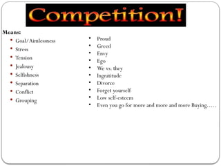 Means:
 Goal/Aimlessness
 Stress
 Tension
 Jealousy
 Selfishness
 Separation
 Conflict
 Grouping
• Proud
• Greed
• Envy
• Ego
• We vs. they
• Ingratitude
• Divorce
• Forget yourself
• Low self-esteem
• Even you go for more and more and more Buying…..
 