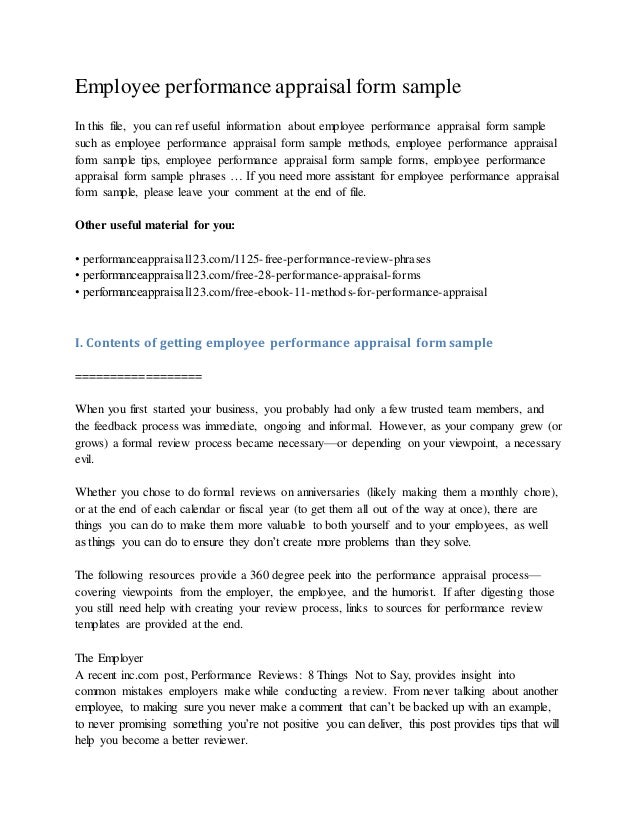 employee performance appraisal form sample sample employee performance review form