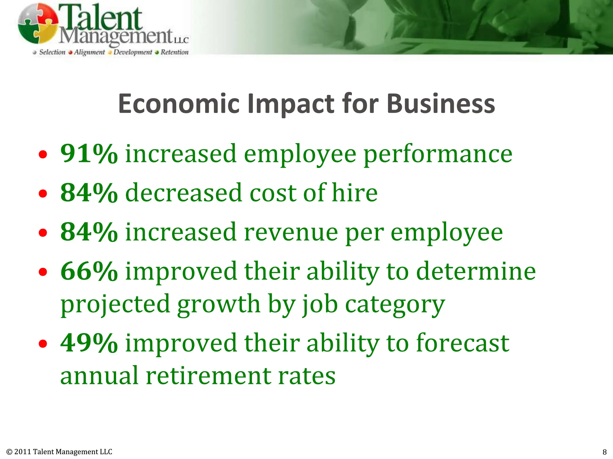 Economic Impact for Business
        • 91% increased employee performance
        • 84% decreased cost of hire
        • 84% increased revenue per employee
        • 66% improved their ability to determine
          projected growth by job category
        • 49% improved their ability to forecast
          annual retirement rates

© 2011 Talent Management LLC                                  8
 