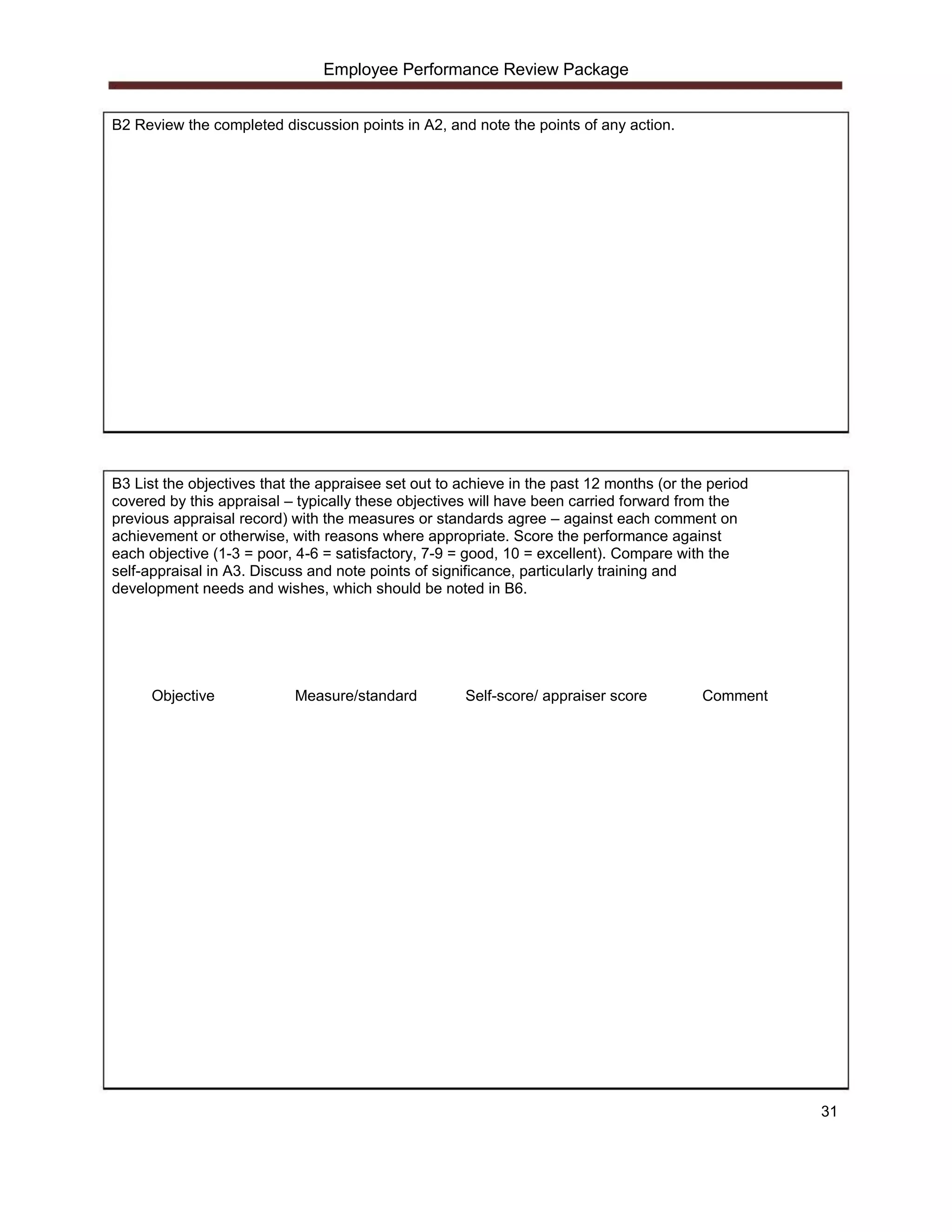 Employee Performance Review Package


B2 Review the completed discussion points in A2, and note the points of any action.




B3 List the objectives that the appraisee set out to achieve in the past 12 months (or the period
covered by this appraisal – typically these objectives will have been carried forward from the
previous appraisal record) with the measures or standards agree – against each comment on
achievement or otherwise, with reasons where appropriate. Score the performance against
each objective (1-3 = poor, 4-6 = satisfactory, 7-9 = good, 10 = excellent). Compare with the
self-appraisal in A3. Discuss and note points of significance, particularly training and
development needs and wishes, which should be noted in B6.




      Objective            Measure/standard          Self-score/ appraiser score         Comment




                                                                                                    31
 