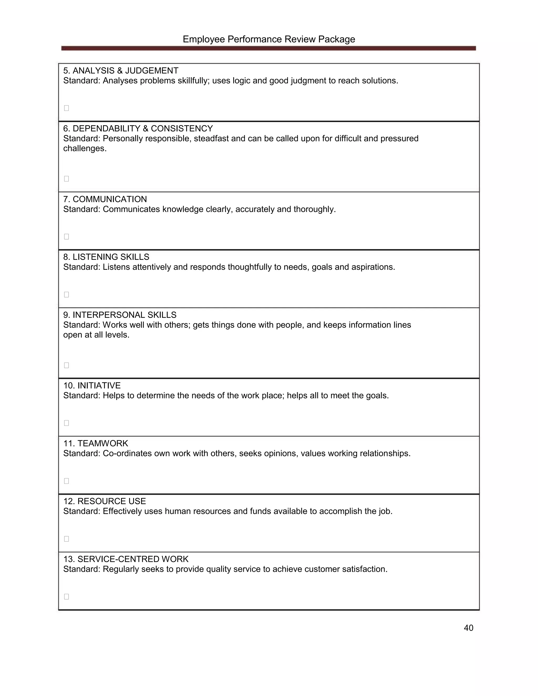 Employee Performance Review Package


5. ANALYSIS & JUDGEMENT
Standard: Analyses problems skillfully; uses logic and good judgment to reach solutions.




6. DEPENDABILITY & CONSISTENCY
Standard: Personally responsible, steadfast and can be called upon for difficult and pressured
challenges.




7. COMMUNICATION
Standard: Communicates knowledge clearly, accurately and thoroughly.




8. LISTENING SKILLS
Standard: Listens attentively and responds thoughtfully to needs, goals and aspirations.




9. INTERPERSONAL SKILLS
Standard: Works well with others; gets things done with people, and keeps information lines
open at all levels.




10. INITIATIVE
Standard: Helps to determine the needs of the work place; helps all to meet the goals.




11. TEAMWORK
Standard: Co-ordinates own work with others, seeks opinions, values working relationships.




12. RESOURCE USE
Standard: Effectively uses human resources and funds available to accomplish the job.




13. SERVICE-CENTRED WORK
Standard: Regularly seeks to provide quality service to achieve customer satisfaction.




                                                                                                 40
 
