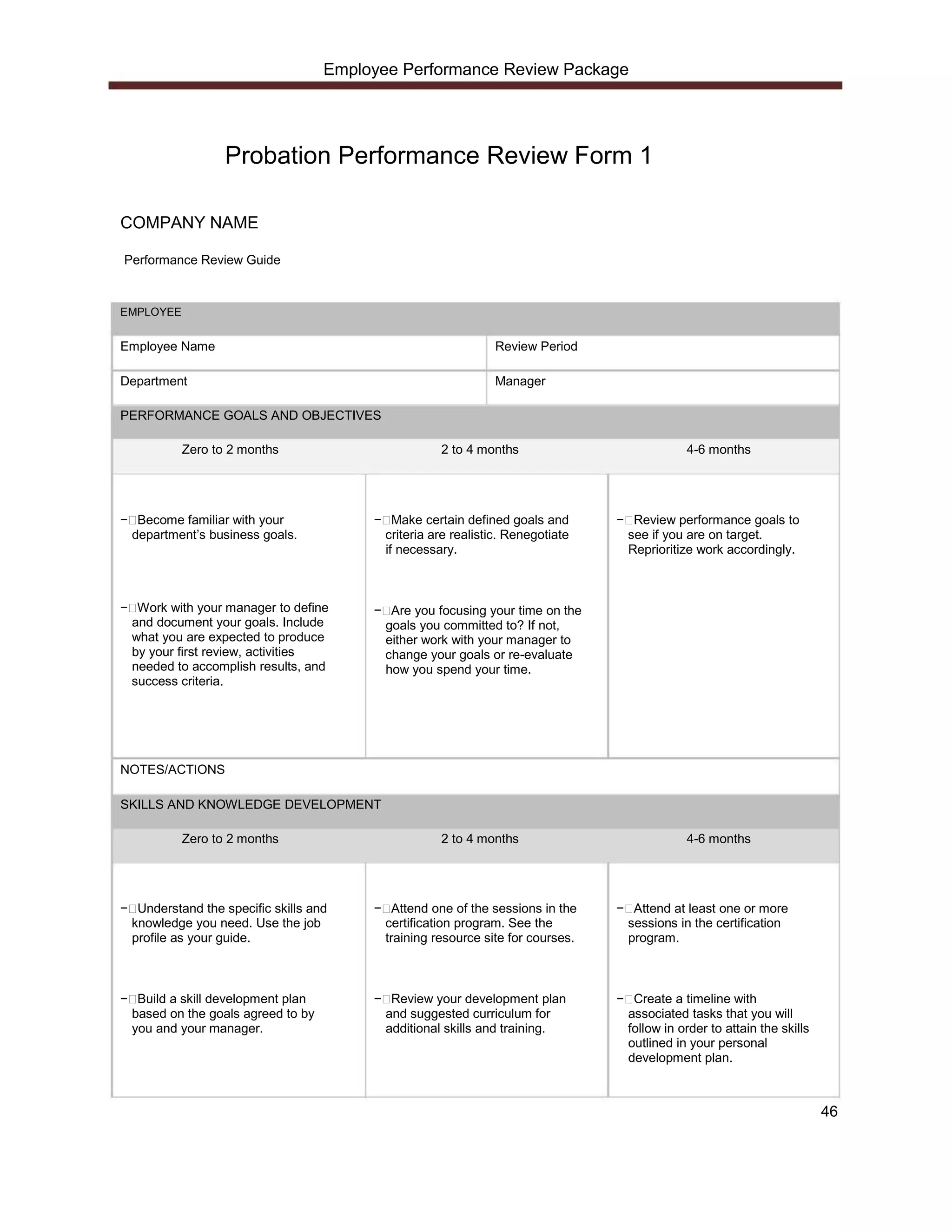 Employee Performance Review Package




                  Probation Performance Review Form 1

COMPANY NAME

Performance Review Guide


EMPLOYEE


Employee Name                                                 Review Period

Department                                                    Manager

PERFORMANCE GOALS AND OBJECTIVES

           Zero to 2 months                         2 to 4 months                          4-6 months




  Become familiar with your                 Make certain defined goals and       Review performance goals to
 department’s business goals.             criteria are realistic. Renegotiate   see if you are on target.
                                          if necessary.                         Reprioritize work accordingly.



  Work with your manager to define         Are you focusing your time on the
 and document your goals. Include         goals you committed to? If not,
 what you are expected to produce         either work with your manager to
 by your first review, activities         change your goals or re-evaluate
 needed to accomplish results, and        how you spend your time.
 success criteria.




NOTES/ACTIONS

SKILLS AND KNOWLEDGE DEVELOPMENT

           Zero to 2 months                         2 to 4 months                          4-6 months




  Understand the specific skills and        Attend one of the sessions in the    Attend at least one or more
 knowledge you need. Use the job          certification program. See the        sessions in the certification
 profile as your guide.                   training resource site for courses.   program.



  Build a skill development plan           Review your development plan          Create a timeline with
 based on the goals agreed to by          and suggested curriculum for          associated tasks that you will
 you and your manager.                    additional skills and training.       follow in order to attain the skills
                                                                                outlined in your personal
                                                                                development plan.



                                                                                                                       46
 