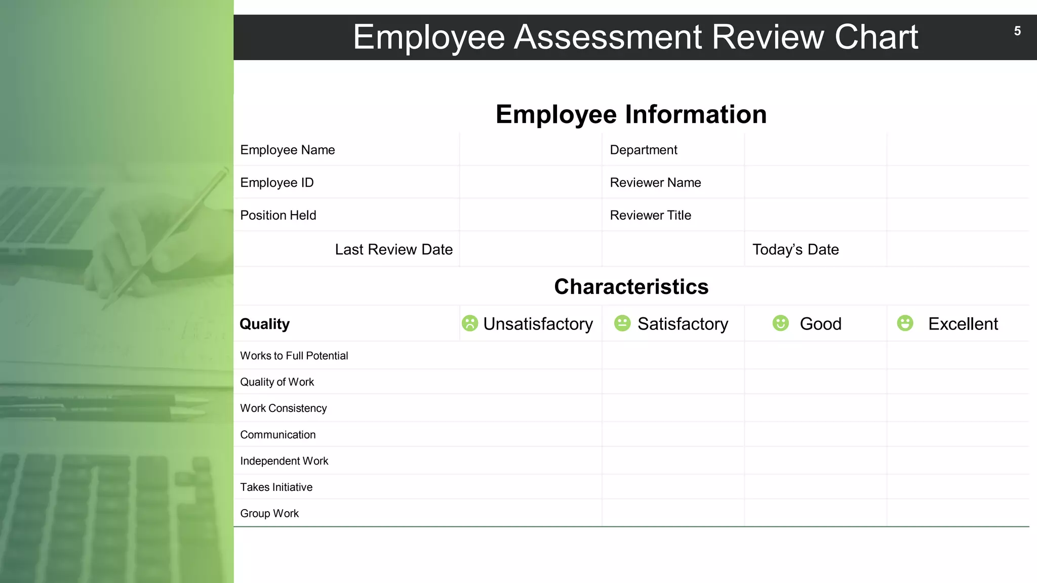 Employee Information
Employee Name Department
Employee ID Reviewer Name
Position Held Reviewer Title
Last Review Date Today’s Date
Characteristics
Quality Unsatisfactory Satisfactory Good Excellent
Works to Full Potential
Quality of Work
Work Consistency
Communication
Independent Work
Takes Initiative
Group Work
Employee Assessment Review Chart 5
 