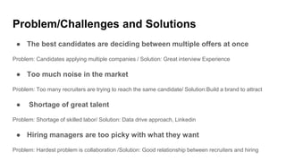 Problem/Challenges and Solutions
● The best candidates are deciding between multiple offers at once
Problem: Candidates applying multiple companies / Solution: Great interview Experience
● Too much noise in the market
Problem: Too many recruiters are trying to reach the same candidate/ Solution:Build a brand to attract
● Shortage of great talent
Problem: Shortage of skilled labor/ Solution: Data drive approach, Linkedin
● Hiring managers are too picky with what they want
Problem: Hardest problem is collaboration /Solution: Good relationship between recruiters and hiring
 