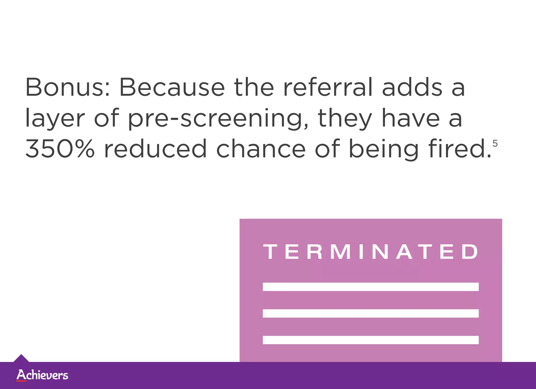 Bonus: Because the referral adds a
layer of pre-screening, they have a
350% reduced chance of being fired.5
T E R M I N A T E D
 