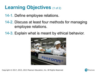 Copyright © 2017, 2015, 2013 Pearson Education, Inc. All Rights Reserved
Learning Objectives (1 of 2)
14-1. Define employee relations.
14-2. Discuss at least four methods for managing
employee relations.
14-3. Explain what is meant by ethical behavior.
 
