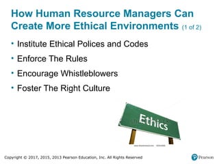 Copyright © 2017, 2015, 2013 Pearson Education, Inc. All Rights Reserved
How Human Resource Managers Can
Create More Ethical Environments (1 of 2)
• Institute Ethical Polices and Codes
• Enforce The Rules
• Encourage Whistleblowers
• Foster The Right Culture
 