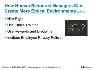 Copyright © 2017, 2015, 2013 Pearson Education, Inc. All Rights Reserved
How Human Resource Managers Can
Create More Ethical Environments (2 of 2)
• Hire Right
• Use Ethics Training
• Use Rewards and Discipline
• Institute Employee Privacy Policies
 