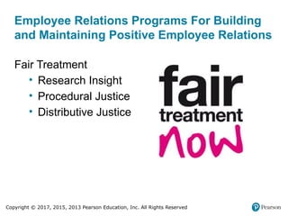 Copyright © 2017, 2015, 2013 Pearson Education, Inc. All Rights Reserved
Employee Relations Programs For Building
and Maintaining Positive Employee Relations
Fair Treatment
• Research Insight
• Procedural Justice
• Distributive Justice
 