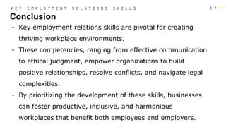 1 7
Conclusion
K E Y E M P L O Y M E N T R E L A T I O N S S K I L L S
- Key employment relations skills are pivotal for creating
thriving workplace environments.
- These competencies, ranging from effective communication
to ethical judgment, empower organizations to build
positive relationships, resolve conflicts, and navigate legal
complexities.
- By prioritizing the development of these skills, businesses
can foster productive, inclusive, and harmonious
workplaces that benefit both employees and employers.
 