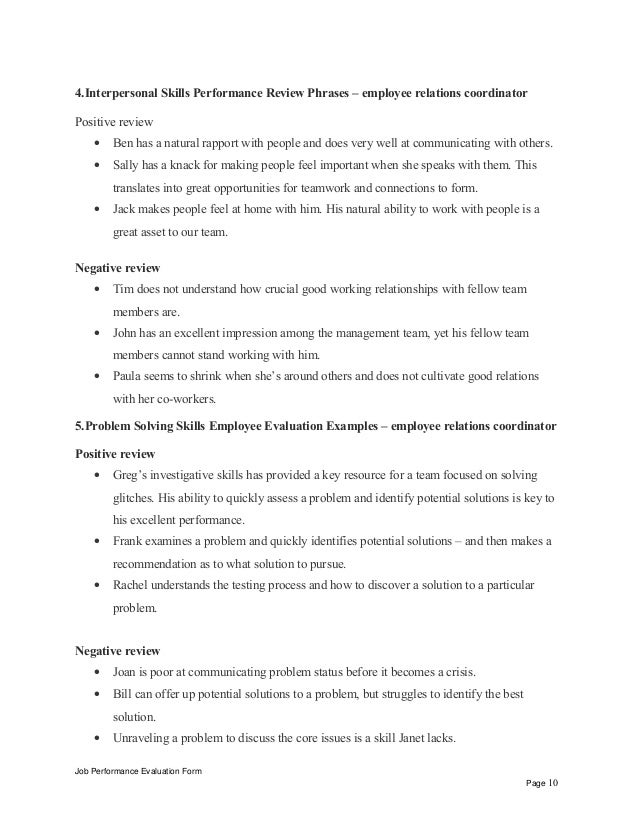 employee relations coordinator performance appraisal excellent job performance