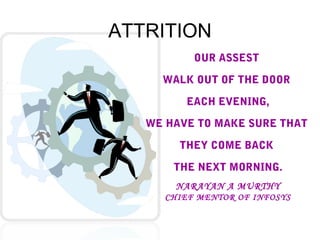 ATTRITION
OUR ASSEST
WALK OUT OF THE DOOR
EACH EVENING,
WE HAVE TO MAKE SURE THAT
THEY COME BACK
THE NEXT MORNING.
NARAYAN A MURTHY
CHIEF MENTOR OF INFOSYS

 