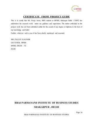 Page | iii
BHAI PARMANAD INSTITUTE OF BUSINESS STUDIES
CERTIFICATE FROM PROJECT GUIDE
This is to certify that Ms. Pooja Arora, BBA student at BPIBS, shakarpur Delhi -110092 has
undertaken the research work under my guidance and supervision. The matter embodied in this
project work has not been submitted earlier for the award of any degree or diploma to the best of
my knowledge and belief.
Further, wherever such a case it has been clearly mentioned and reasoned.
MR. PALLAV KAUSHIK
LECTURER, BPIBS
BPIBS, DELHI – 92
DATE
BHAI PARMANAND INSTITUTE OF BUSINESS STUDIES
SHAKARPUR , DELHI
 