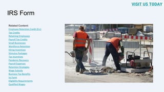 IRS Form
Related Content:
Employee Retention Credit (Erc)
Tax Credits
Retaining Employees
Payroll Tax Credits
Small Businesses
Workforce Retention
Hiring Incentives
Stimulus Packages
Tax Incentives
Pandemic Recovery
Payroll Expenses
Retention Strategies
Wage Subsidy
Business Tax Benefits
Irs Form
Eligibility Requirements
Qualified Wages
VISIT US TODAY
 