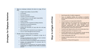 StrategiesforEmployeeRetention
• When an employee indicates the desire to resign, HR can
offer
 A Higher Salary (Make a Counter Offer)
 A Promotion
 Overseas Deputation
 Transfer to a location of choice
 A change of role, or one with higher responsibility
 Financial assistance or loans
 Project rotation
 Training and other competency building initiatives
 Redressal to any specific grievances
 Conduct Stay Interviews
 Conduct Exit Interviews (3rd party after 60 to 90 days
from LWD)
 Get to know what’s important to your employees
 Focus on Talent Management best practices
• Broader means to reduce impact of attrition
 Pro-active identification of employees at high risk of
attrition
 Training and deployment for “back-up” team members
for critical tasks and core employees
 Improved and effective knowledge transfer mechanisms
 Creation and implementation of succession plan for
leadership positions etc
 Preparation of a comprehensive and optimal attrition-
handling plan, to mitigate the after effects of predicted
attrition
• Build People skills of middle management
• Focus on Capability building and creating an ecosystem
where people development is at the fore-front of leadership
mindset
• Communication on Compensation & Benefits
• Engage employees over & beyond their day to day job and
ensure that their insecurities and vulnerabilities are
addressed appropriately and timely through various
programs and practices which could be designed keeping in
view organization context and requirements
• Provide Growth Opportunities and communicate about them
• Managing expectation of employees is a key
• Provide opportunities for skill up-gradation through training
intervention or internal job assignment / movement
• Career Pathing plays a key role
• Creating Training Academies with in and also do tie up with
institutions
• Effectiveness of Reward & Recognition
Waystomitigateattrition
 