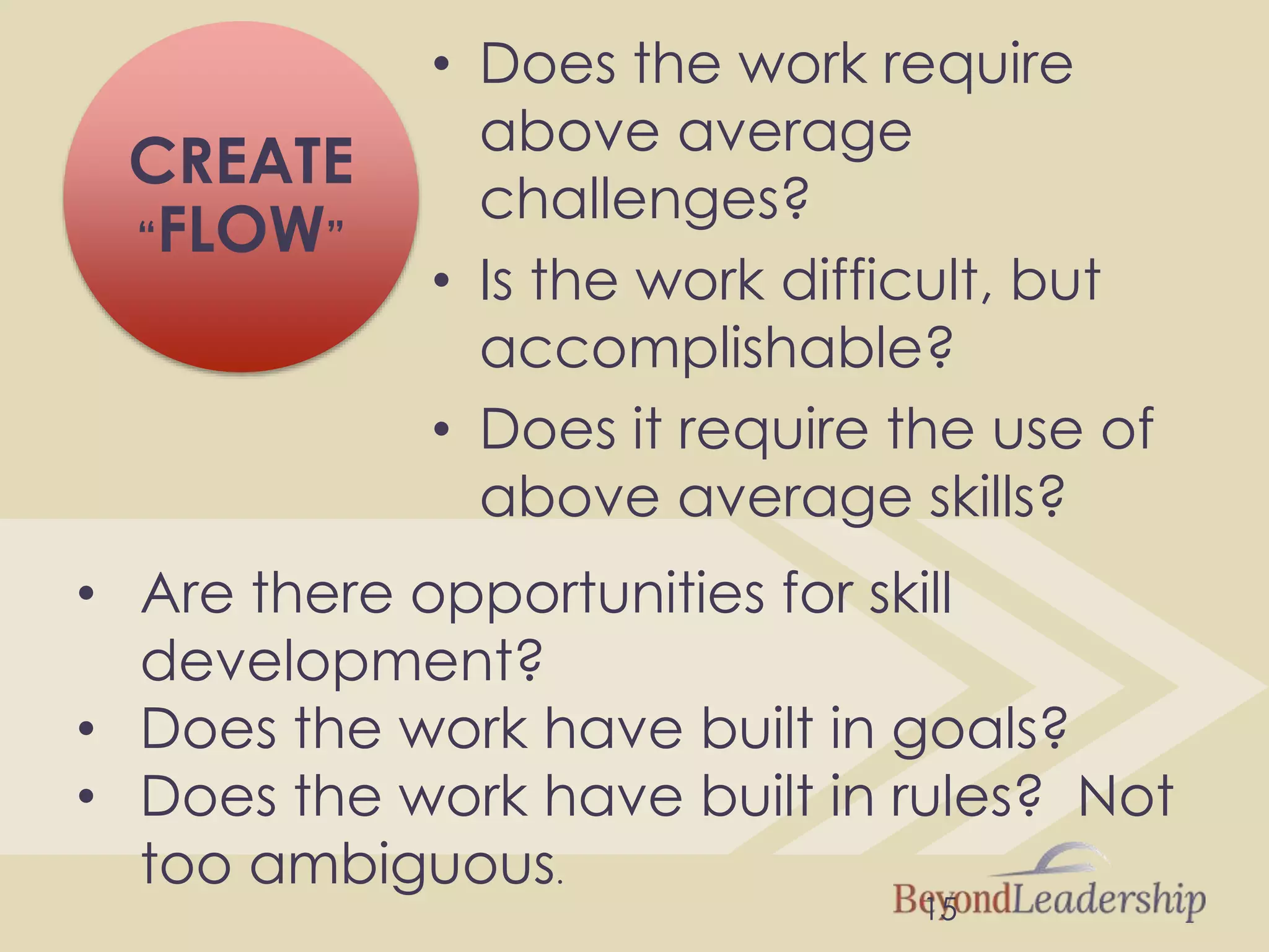 15
• Does the work require
above average
challenges?
• Is the work difficult, but
accomplishable?
• Does it require the use of
above average skills?
CREATE
“FLOW”
• Are there opportunities for skill
development?
• Does the work have built in goals?
• Does the work have built in rules? Not
too ambiguous.
 