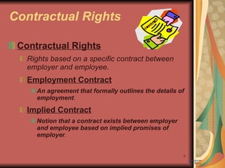 Contractual Rights Contractual Rights Rights based on a specific contract between employer and employee. Employment Contract An agreement that formally outlines the details of employment . Implied Contract Notion that a contract exists between employer and employee based on implied promises of employer . 
