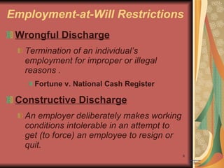 Employment-at-Will Restrictions Wrongful Discharge Termination of an individual’s employment for improper or illegal reasons . Fortune v. National Cash Register Constructive Discharge An employer deliberately makes working conditions intolerable in an attempt to get (to force) an employee to resign or quit. 