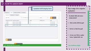  FLOW TO ASSIGN SHIFT
Step to assign shift to respective
employee(s):-
o By default, Shift radio button
already selected
o Select another shift from grid
o Set the w.e.f date from grid
o At time, user Click on update
button. Updated shift save
Save Notification display
Updated shift display here
 