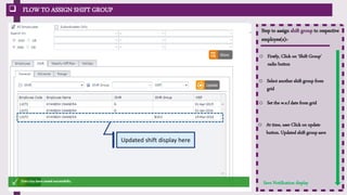  FLOW TO ASSIGN SHIFT GROUP
Step to assign shift group to respective
employee(s):-
o Firstly, Click on ‘Shift Group’
radio button
o Select another shift group from
grid
o Set the w.e.f date from grid
o At time, user Click on update
button. Updated shift group save
Save Notification display
Updated shift display here
 