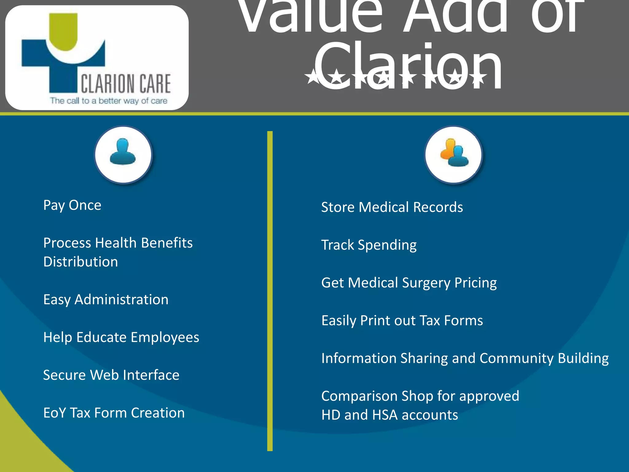 Clarion HSA SavingsINDIVIDUAL(Family)/EMPLOYEE$3996    Towards qualified insurance$3767 For traditional premiums$5000     Tax free through Clarion Care + Deductibles, co-pays, co-insurance$3500     Spent on medical services a year= $4500??$2004Savings in a year** Tax savings are not included in calculations