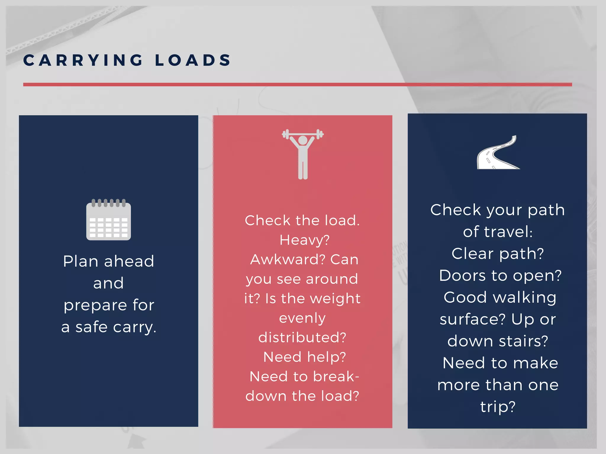Plan ahead
and
prepare for
a safe carry.
Check the load.
 Heavy?
 Awkward? Can
you see around
it? Is the weight
evenly
distributed?
 Need help?
 Need to break-
down the load?
Check your path
of travel:
Clear path?
 Doors to open?
 Good walking
surface? Up or
down stairs?
 Need to make
more than one
trip?
C A R R Y I N G L O A D S  
 