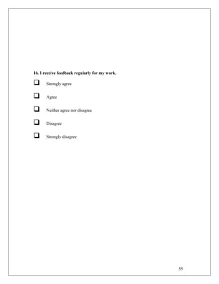 16. I receive feedback regularly for my work.
 Strongly agree
 Agree
 Neither agree nor disagree
 Disagree
 Strongly disagree
55
 