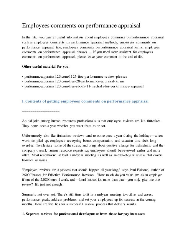 employees comments on performance appraisal employees comments on performance appraisal