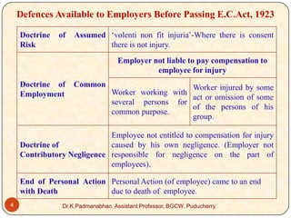 Defences Available to Employers Before Passing E.C.Act, 1923
Doctrine
Risk

of

Assumed ‘volenti non fit injuria’-Where there is consent
there is not injury.
Employer not liable to pay compensation to
employee for injury

Doctrine of
Employment

Common

Worker injured by some
Worker working with
act or omission of some
several persons for
of the persons of his
common purpose.
group.

Employee not entitled to compensation for injury
Doctrine of
caused by his own negligence. (Employer not
Contributory Negligence responsible for negligence on the part of
employees).
End of Personal Action Personal Action (of employee) came to an end
with Death
due to death of employee.
4

Dr.K.Padmanabhan, Assistant Professor, BGCW, Puducherry.

 