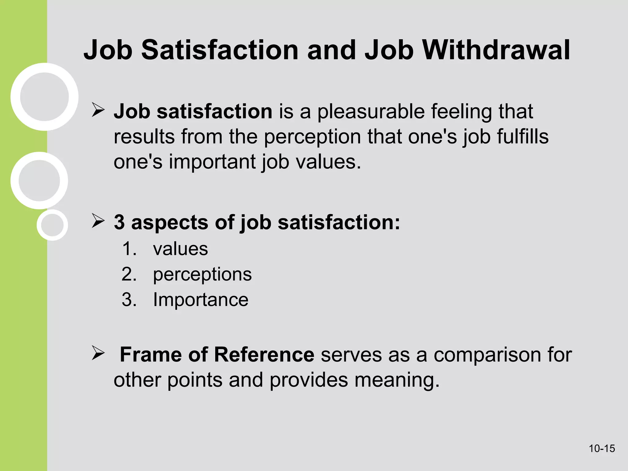 Job Satisfaction and Job Withdrawal Job satisfaction  is a pleasurable feeling that results from the perception that one's job fulfills one's important job values. 3 aspects of job satisfaction:  values perceptions Importance Frame of Reference   serves as a comparison for other points and provides meaning. 10- 