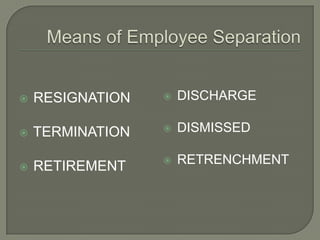    RESIGNATION      DISCHARGE

   TERMINATION      DISMISSED

                     RETRENCHMENT
   RETIREMENT
 