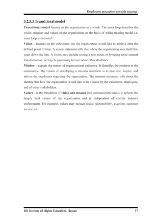 Employees perception towards training


3.2.5.3 Transitional model
Transitional model focuses on the organization as a whole. The outer loop describes the
vision, mission and values of the organization on the basis of which training model i.e.
inner loop is executed.
Vision – focuses on the milestones that the organization would like to achieve after the
defined point of time. A vision statement tells that where the organization sees itself few
years down the line. A vision may include setting a role mode, or bringing some internal
transformation, or may be promising to meet some other deadlines.
Mission – explain the reason of organizational existence. It identifies the position in the
community. The reason of developing a mission statement is to motivate, inspire, and
inform the employees regarding the organization. The mission statement tells about the
identity that how the organization would like to be viewed by the customers, employees,
and all other stakeholders.
Values – is the translation of vision and mission into communicable ideals. It reflects the
deeply held values of the organization and is independent of current industry
environment. For example, values may include social responsibility, excellent customer
service, etc




HR Institute of Higher Education, Hassan                                                57
 