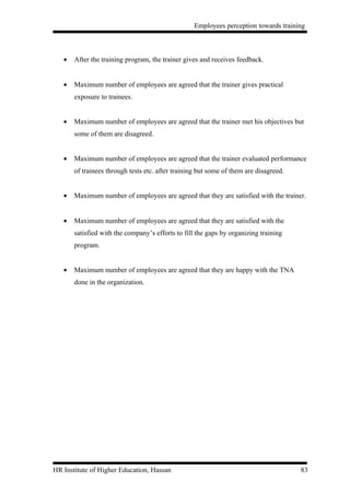 Employees perception towards training



   •   After the training program, the trainer gives and receives feedback.


   •   Maximum number of employees are agreed that the trainer gives practical
       exposure to trainees.


   •   Maximum number of employees are agreed that the trainer met his objectives but
       some of them are disagreed.


   •   Maximum number of employees are agreed that the trainer evaluated performance
       of trainees through tests etc. after training but some of them are disagreed.


   •   Maximum number of employees are agreed that they are satisfied with the trainer.


   •   Maximum number of employees are agreed that they are satisfied with the
       satisfied with the company’s efforts to fill the gaps by organizing training
       program.


   •   Maximum number of employees are agreed that they are happy with the TNA
       done in the organization.




HR Institute of Higher Education, Hassan                                               83
 