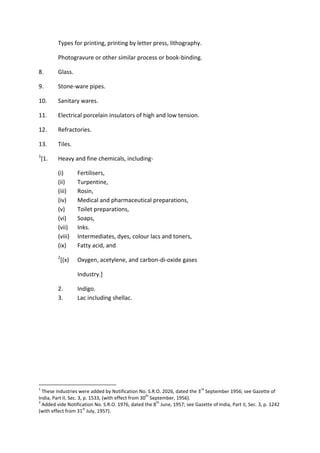 Types for printing, printing by letter press, lithography.
Photogravure or other similar process or book-binding.
8. Glass.
9. Stone-ware pipes.
10. Sanitary wares.
11. Electrical porcelain insulators of high and low tension.
12. Refractories.
13. Tiles.
1
[1. Heavy and fine chemicals, including-
(i) Fertilisers,
(ii) Turpentine,
(iii) Rosin,
(iv) Medical and pharmaceutical preparations,
(v) Toilet preparations,
(vi) Soaps,
(vii) Inks.
(viii) Intermediates, dyes, colour lacs and toners,
(ix) Fatty acid, and
2
[(x) Oxygen, acetylene, and carbon-di-oxide gases
Industry.]
2. Indigo.
3. Lac including shellac.
1
These industries were added by Notification No. S.R.O. 2026, dated the 3
rd
September 1956; see Gazette of
India, Part II, Sec. 3, p. 1533, (with effect from 30
th
September, 1956).
2
Added vide Notification No. S.R.O. 1976, dated the 8
th
June, 1957; see Gazette of India, Part II, Sec. 3, p. 1242
(with effect from 31
st
July, 1957).
 